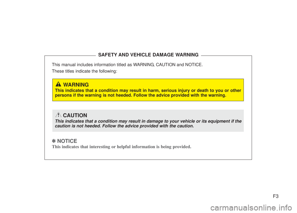 HYUNDAI I20 2010  Owners Manual F3
This manual includes information titled as WARNING, CAUTION and NOTICE.
These titles indicate the following:
✽ NOTICE
This indicates that interesting or helpful information is being provided.
SAF