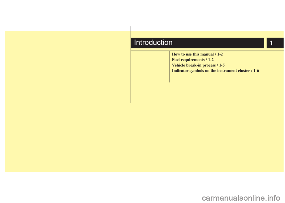 HYUNDAI I20 2009  Owners Manual 1
How to use this manual / 1-2
Fuel requirements / 1-2
Vehicle break-in process / 1-5
Indicator symbols on the instrument cluster / 1-6
Introduction 