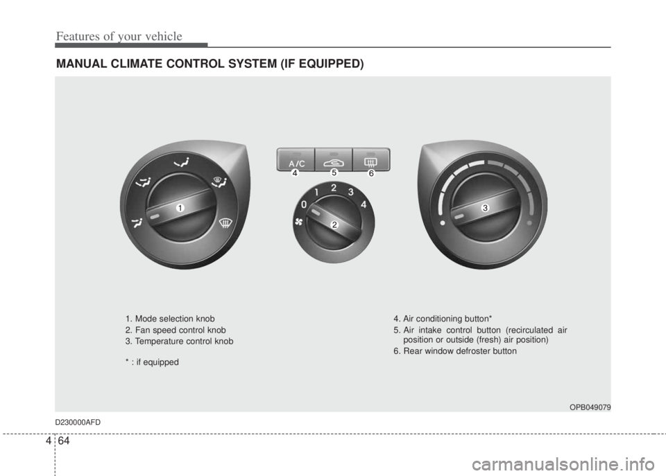 HYUNDAI I20 2008  Owners Manual Features of your vehicle
64 4
MANUAL CLIMATE CONTROL SYSTEM (IF EQUIPPED)
OPB049079
D230000AFD
1. Mode selection knob
2. Fan speed control knob
3. Temperature control knob
* : if equipped4. Air condit