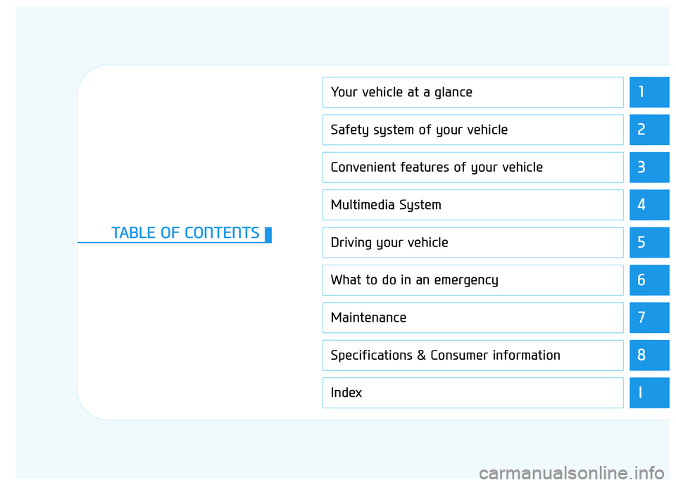 HYUNDAI I30 2023  Owners Manual 1
2
3
4
5
6
7
8
I
Your vehicle at a glance
Safety system of your vehicle
Convenient features of your vehicle
Multimedia System
Driving your vehicle
What to do in an emergency
Maintenance
Specification