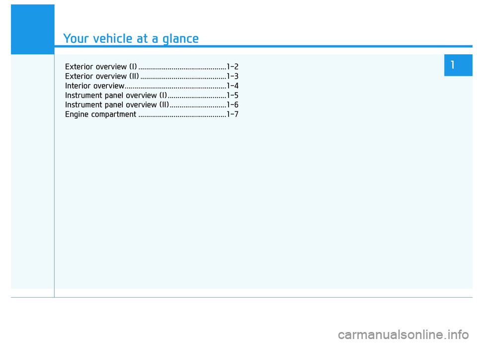 HYUNDAI I30 2023  Owners Manual Your vehicle at a glance
1
Your vehicle at a glance
1Exterior overview (I) .............................................1-2
Exterior overview (II) ............................................1-3
Inter