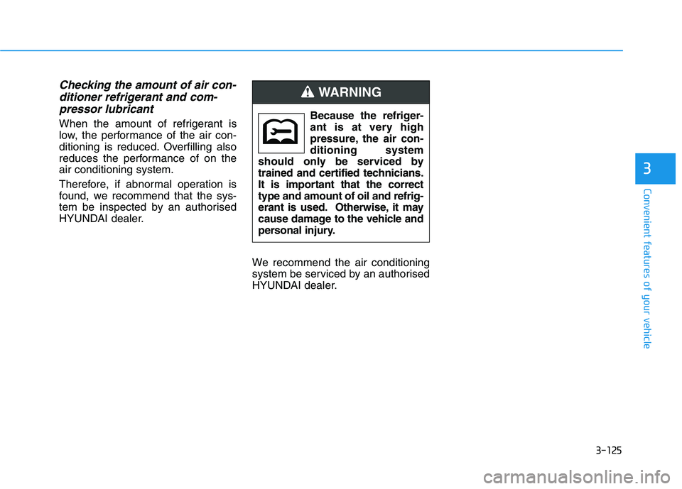 HYUNDAI I30 2023 Owners Manual 3-125
Convenient features of your vehicle
3
Checking the amount of air con-
ditioner refrigerant and com-
pressor lubricant
When the amount of refrigerant is
low, the performance of the air con-
ditio HYUNDAI I30 2023 Owners Manual 3-125
Convenient features of your vehicle
3
Checking the amount of air con-
ditioner refrigerant and com-
pressor lubricant
When the amount of refrigerant is
low, the performance of the air con-
ditio