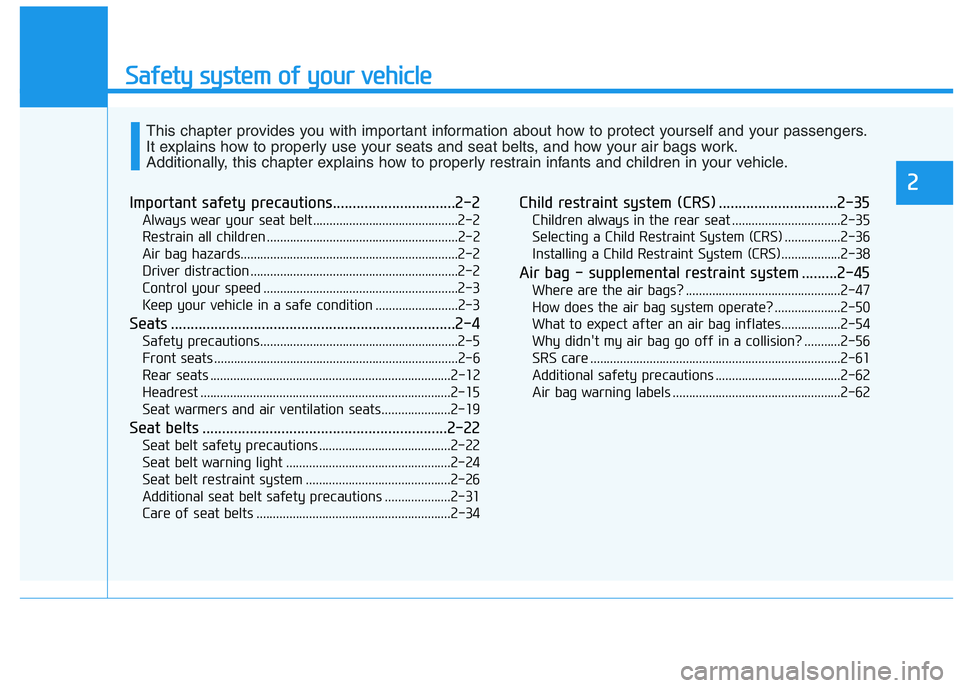 HYUNDAI I30 2023  Owners Manual Safety system of your vehicle
2
Important safety precautions...............................2-2
Always wear your seat belt............................................2-2
Restrain all children .........