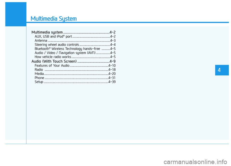 HYUNDAI I30 2023 Owners Manual Multimedia System
Multimedia system .................................................4-2
AUX, USB and iPod®port ................................................4-2
Antenna ........................... HYUNDAI I30 2023 Owners Manual Multimedia System
Multimedia system .................................................4-2
AUX, USB and iPod®port ................................................4-2
Antenna ...........................