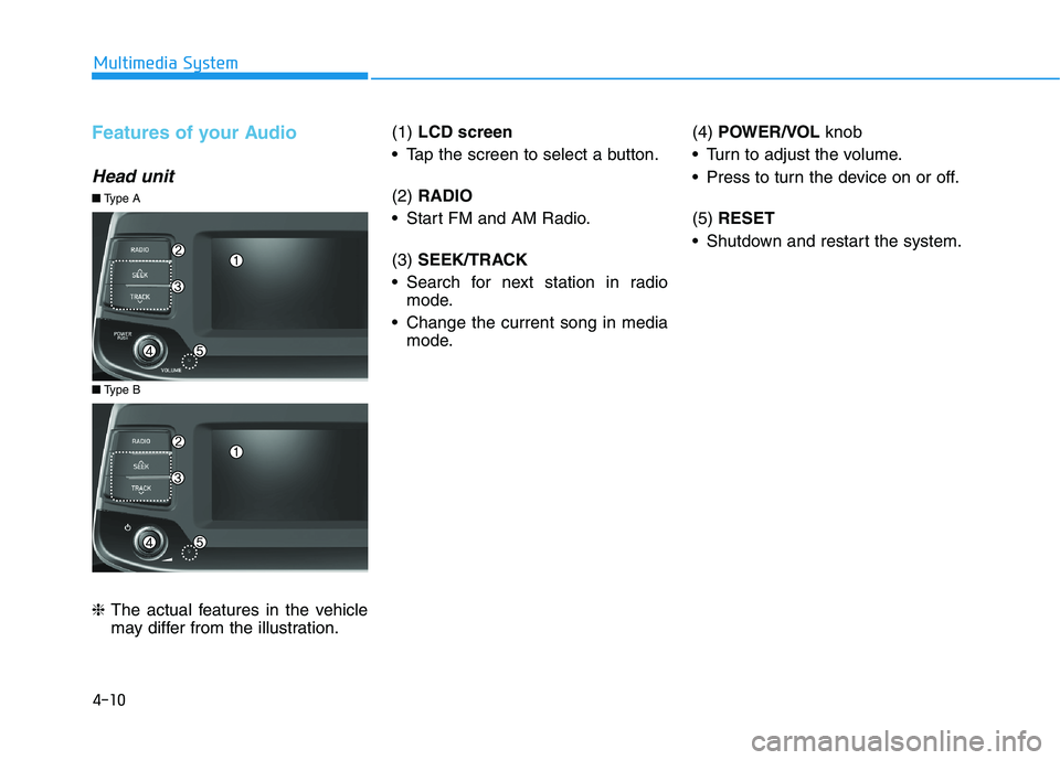 HYUNDAI I30 2023  Owners Manual 4-10
Multimedia System
Features of your Audio
Head unit
❈The actual features in the vehicle
may differ from the illustration.(1) LCD screen
 Tap the screen to select a button.
(2) RADIO
 Start FM an