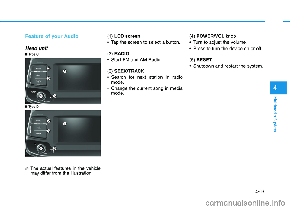 HYUNDAI I30 2023  Owners Manual 4-13
Multimedia System
4
Feature of your Audio
Head unit
❈The actual features in the vehicle
may differ from the illustration.(1) LCD screen
 Tap the screen to select a button.
(2) RADIO
 Start FM a