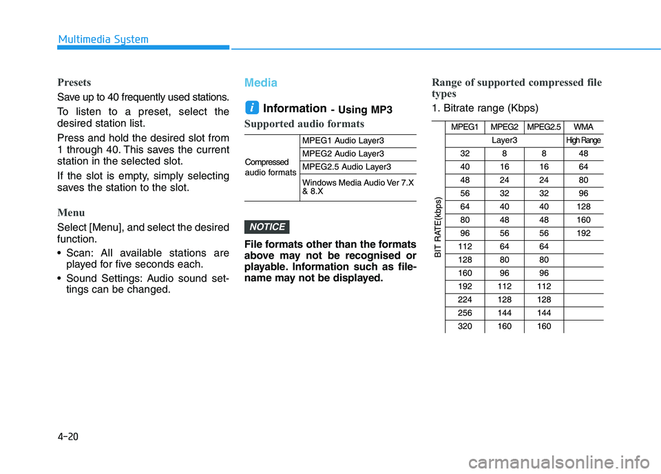 HYUNDAI I30 2023 Owners Manual 4-20
Multimedia System
Presets
Save up to 40 frequently used stations.
To listen to a preset, select the
desired station list.
Press and hold the desired slot from
1 through 40. This saves the current HYUNDAI I30 2023 Owners Manual 4-20
Multimedia System
Presets
Save up to 40 frequently used stations.
To listen to a preset, select the
desired station list.
Press and hold the desired slot from
1 through 40. This saves the current