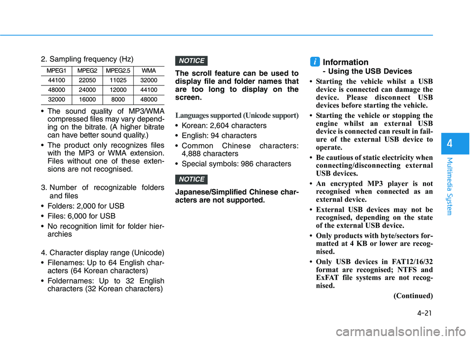 HYUNDAI I30 2023 Owners Manual 4-21
Multimedia System
4
2. Sampling frequency (Hz)
The sound quality of MP3/WMA
compressed files may vary depend-
ing on the bitrate. (A higher bitrate
can have better sound quality.)
The product o HYUNDAI I30 2023 Owners Manual 4-21
Multimedia System
4
2. Sampling frequency (Hz)
The sound quality of MP3/WMA
compressed files may vary depend-
ing on the bitrate. (A higher bitrate
can have better sound quality.)
The product o