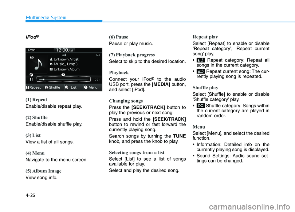 HYUNDAI I30 2023 Owners Manual 4-26
Multimedia System
iPod®
(1) Repeat
Enable/disable repeat play.
(2) Shuffle
Enable/disable shuffle play.
(3) List
View a list of all songs.
(4) Menu
Navigate to the menu screen.
(5) Album Image
V HYUNDAI I30 2023 Owners Manual 4-26
Multimedia System
iPod®
(1) Repeat
Enable/disable repeat play.
(2) Shuffle
Enable/disable shuffle play.
(3) List
View a list of all songs.
(4) Menu
Navigate to the menu screen.
(5) Album Image
V