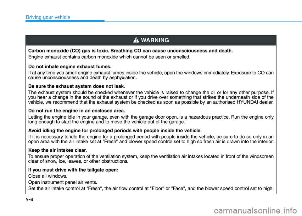 HYUNDAI I30 2023 User Guide 5-4
Driving your vehicle
Carbon monoxide (CO) gas is toxic. Breathing CO can cause unconsciousness and death.
Engine exhaust contains carbon monoxide which cannot be seen or smelled.
Do not inhale eng HYUNDAI I30 2023 User Guide 5-4
Driving your vehicle
Carbon monoxide (CO) gas is toxic. Breathing CO can cause unconsciousness and death.
Engine exhaust contains carbon monoxide which cannot be seen or smelled.
Do not inhale eng