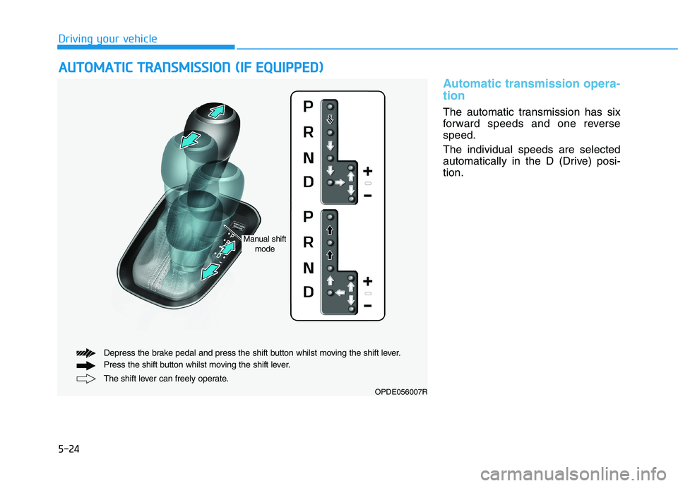 HYUNDAI I30 2023  Owners Manual 5-24
Driving your vehicle
Automatic transmission opera-
tion 
The automatic transmission has six
forward speeds and one reverse
speed.
The individual speeds are selected
automatically in the D (Drive)