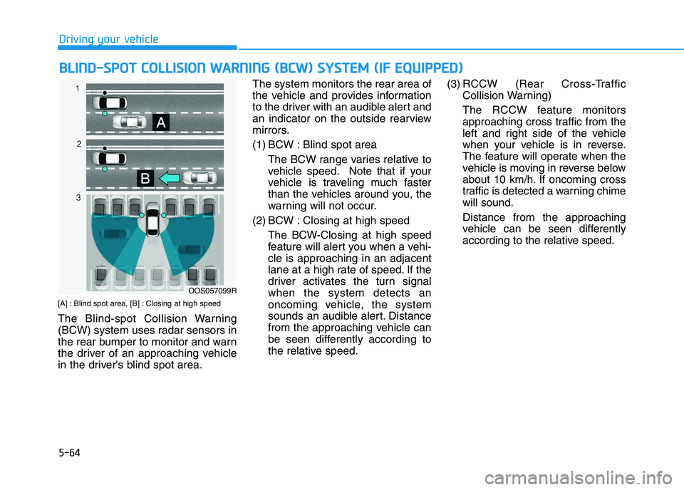 HYUNDAI I30 2023 Owners Manual 5-64
Driving your vehicle
[A] : Blind spot area, [B] : Closing at high speed 
The Blind-spot Collision Warning
(BCW) system uses radar sensors in
the rear bumper to monitor and warn
the driver of an a