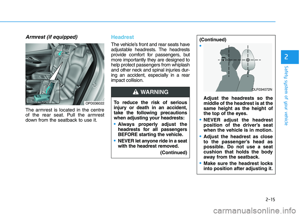 HYUNDAI I30 2023  Owners Manual 2-15
Safety system of your vehicle
2
Armrest (if equipped)
The armrest is located in the centre
of the rear seat. Pull the armrest
down from the seatback to use it.
Headrest 
The vehicle’s front and