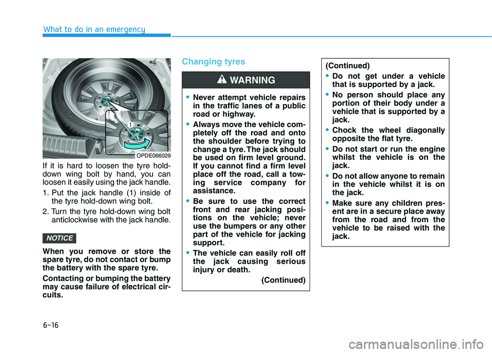 HYUNDAI I30 2023 Owners Manual 6-16
What to do in an emergency
If it is hard to loosen the tyre hold-
down wing bolt by hand, you can
loosen it easily using the jack handle.
1. Put the jack handle (1) inside of
the tyre hold-down w HYUNDAI I30 2023 Owners Manual 6-16
What to do in an emergency
If it is hard to loosen the tyre hold-
down wing bolt by hand, you can
loosen it easily using the jack handle.
1. Put the jack handle (1) inside of
the tyre hold-down w