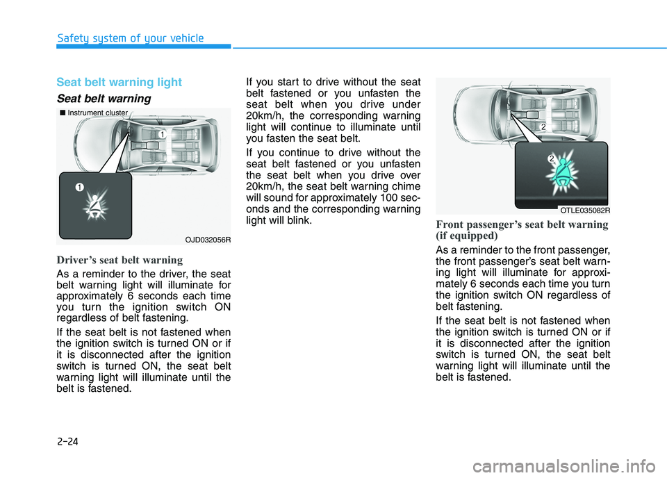 HYUNDAI I30 2023  Owners Manual 2-24
Safety system of your vehicle
Seat belt warning light 
Seat belt warning
Driver’s seat belt warning 
As a reminder to the driver, the seat
belt warning light will illuminate for
approximately 6