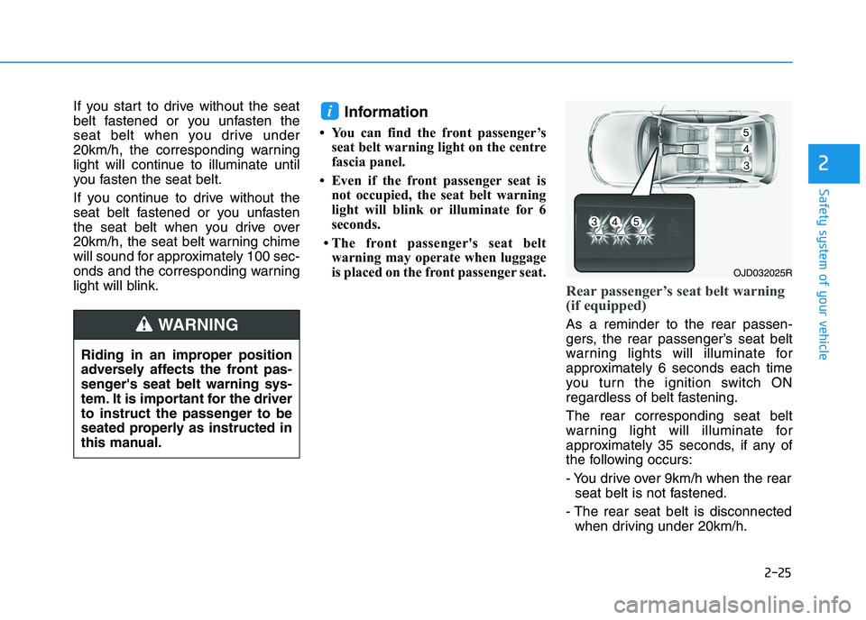 HYUNDAI I30 2023  Owners Manual 2-25
Safety system of your vehicle
2
If you start to drive without the seat
belt fastened or you unfasten the
seat belt when you drive under
20km/h, the corresponding warning
light will continue to il