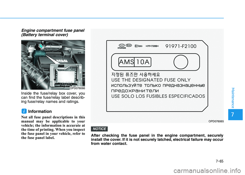 HYUNDAI I30 2023 Owners Manual 7-65
7
Maintenance
Engine compartment fuse panel
(Battery terminal cover)
Inside the fuse/relay box cover, you
can find the fuse/relay label describ-
ing fuse/relay names and ratings.
Information
Not HYUNDAI I30 2023 Owners Manual 7-65
7
Maintenance
Engine compartment fuse panel
(Battery terminal cover)
Inside the fuse/relay box cover, you
can find the fuse/relay label describ-
ing fuse/relay names and ratings.
Information
Not