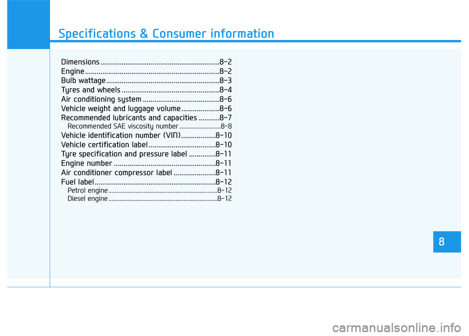 HYUNDAI I30 2023 Owners Manual 8
Specifications & Consumer information
8
Specifications & Consumer information
8
Dimensions ..............................................................8-2
Engine .................................. HYUNDAI I30 2023 Owners Manual 8
Specifications & Consumer information
8
Specifications & Consumer information
8
Dimensions ..............................................................8-2
Engine ..................................