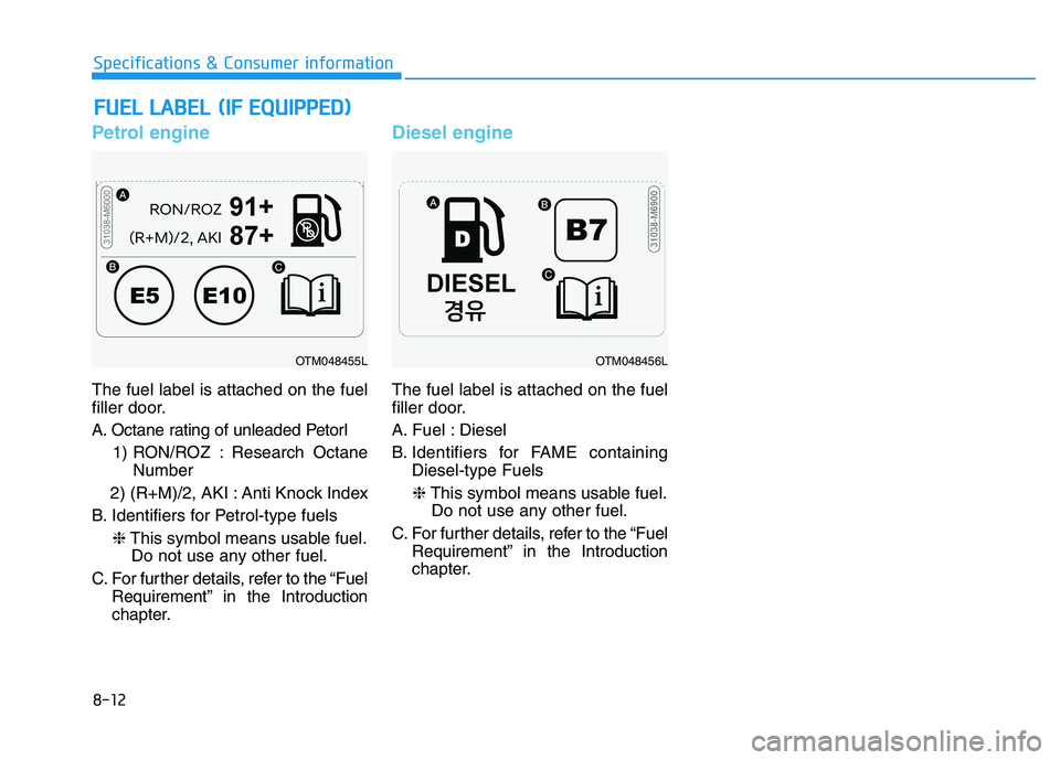 HYUNDAI I30 2023 Owners Manual Petrol engine
The fuel label is attached on the fuel
filler door.
A. Octane rating of unleaded Petorl
1) RON/ROZ : Research Octane
Number
2) (R+M)/2, AKI : Anti Knock Index
B. Identifiers for Petro HYUNDAI I30 2023 Owners Manual Petrol engine
The fuel label is attached on the fuel
filler door.
A. Octane rating of unleaded Petorl
1) RON/ROZ : Research Octane
Number
2) (R+M)/2, AKI : Anti Knock Index
B. Identifiers for Petro