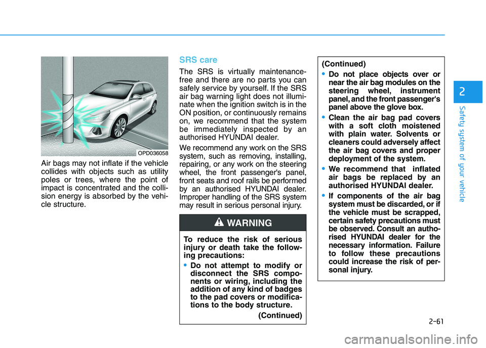 HYUNDAI I30 2023 Manual Online 2-61
Safety system of your vehicle
2
Air bags may not inflate if the vehicle
collides with objects such as utility
poles or trees, where the point of
impact is concentrated and the colli-
sion energy HYUNDAI I30 2023 Manual Online 2-61
Safety system of your vehicle
2
Air bags may not inflate if the vehicle
collides with objects such as utility
poles or trees, where the point of
impact is concentrated and the colli-
sion energy