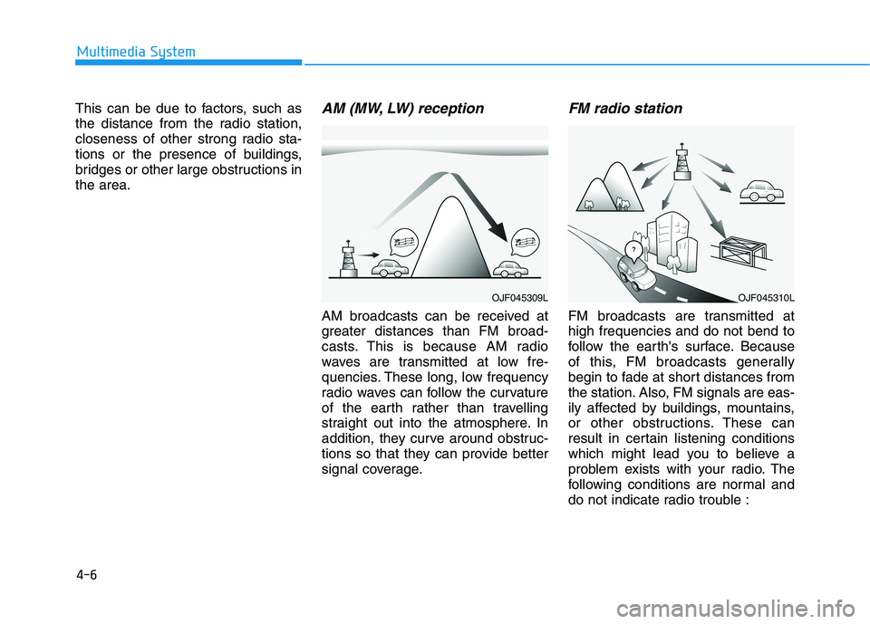 HYUNDAI I30 2021 Owners Manual 4-6
Multimedia System
This can be due to factors, such as
the distance from the radio station,
closeness of other strong radio sta-
tions or the presence of buildings,
bridges or other large obstructi HYUNDAI I30 2021 Owners Manual 4-6
Multimedia System
This can be due to factors, such as
the distance from the radio station,
closeness of other strong radio sta-
tions or the presence of buildings,
bridges or other large obstructi