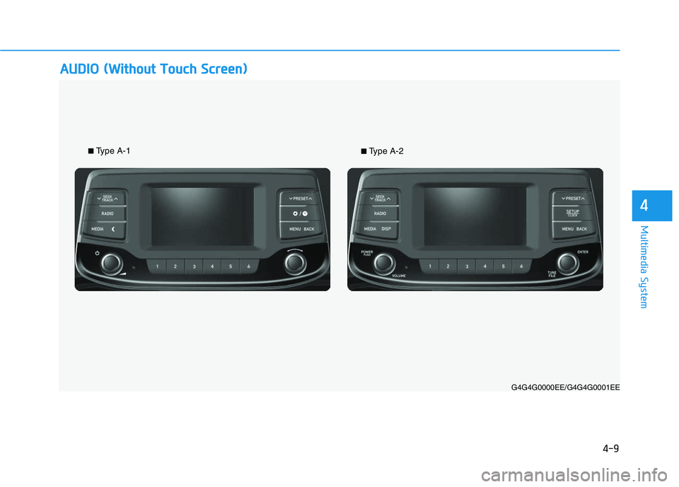HYUNDAI I30 2021 Owners Manual 4-9
Multimedia System
4
A
A U
U D
D I
I O
O
(
( W
W i
i t
t h
h o
o u
u t
t
T
T o
o u
u c
c h
h
S
S c
c r
r e
e e
e n
n )
)
G4G4G0000EE/G4G4G0001EE
■Type A-1■Type A-2 HYUNDAI I30 2021 Owners Manual 4-9
Multimedia System
4
A
A U
U D
D I
I O
O
(
( W
W i
i t
t h
h o
o u
u t
t
T
T o
o u
u c
c h
h
S
S c
c r
r e
e e
e n
n )
)
G4G4G0000EE/G4G4G0001EE
■Type A-1■Type A-2