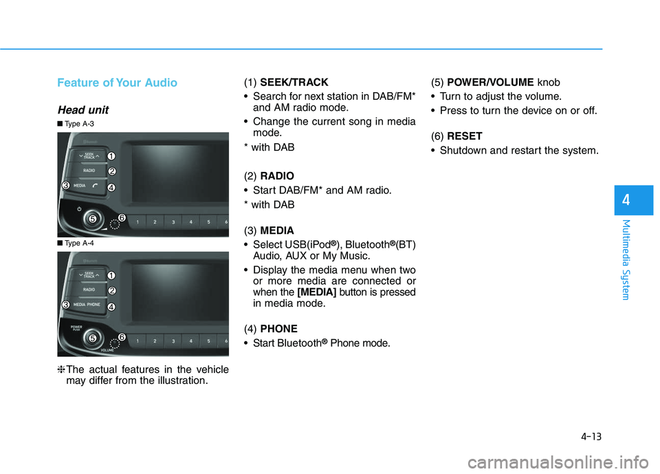 HYUNDAI I30 2021 Owners Manual 4-13
Multimedia System
4
Feature of Your Audio
Head unit
❈The actual features in the vehicle
may differ from the illustration. (1)
SEEK/TRACK
Search for next station in DAB/FM* and AM radio mode.
HYUNDAI I30 2021 Owners Manual 4-13
Multimedia System
4
Feature of Your Audio
Head unit
❈The actual features in the vehicle
may differ from the illustration. (1)
SEEK/TRACK
Search for next station in DAB/FM* and AM radio mode.