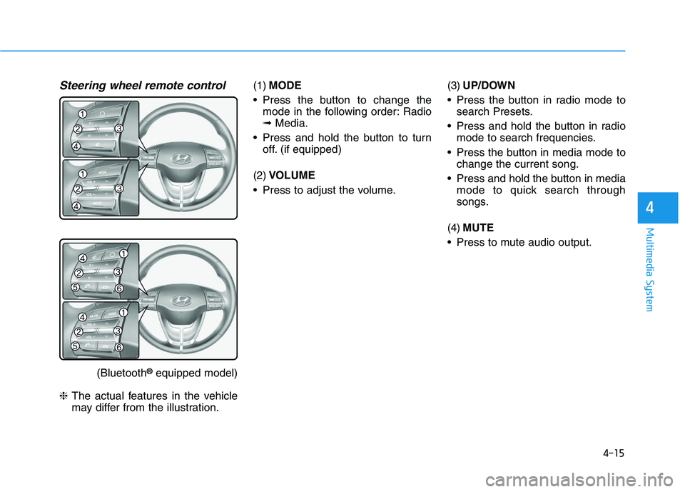 HYUNDAI I30 2021 Owners Manual 4-15
Multimedia System
4
Steering wheel remote control
(Bluetooth®equipped model)
❈ The actual features in the vehicle
may differ from the illustration. (1)
MODE
Press the button to change the mod HYUNDAI I30 2021 Owners Manual 4-15
Multimedia System
4
Steering wheel remote control
(Bluetooth®equipped model)
❈ The actual features in the vehicle
may differ from the illustration. (1)
MODE
Press the button to change the mod
