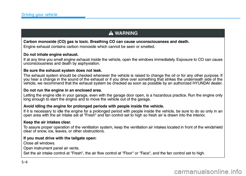 HYUNDAI I30 2021 Owners Manual 5-4
Driving your vehicleCarbon monoxide (CO) gas is toxic. Breathing CO can cause unconsciousness and death.
Engine exhaust contains carbon monoxide which cannot be seen or smelled.
Do not inhale engi HYUNDAI I30 2021 Owners Manual 5-4
Driving your vehicleCarbon monoxide (CO) gas is toxic. Breathing CO can cause unconsciousness and death.
Engine exhaust contains carbon monoxide which cannot be seen or smelled.
Do not inhale engi