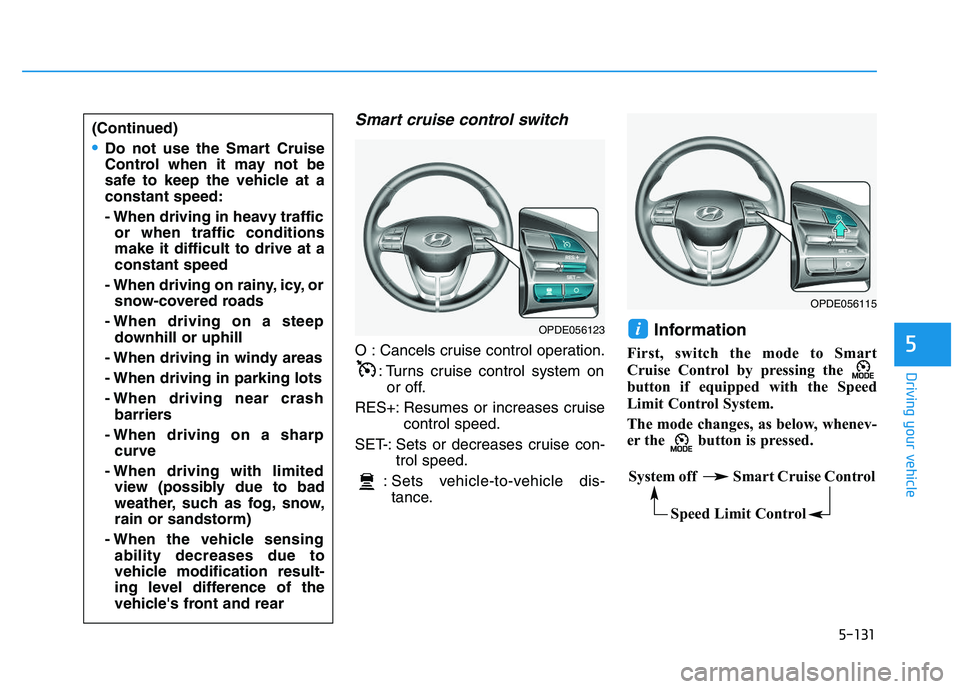 HYUNDAI I30 2021 Owners Manual 5-131
Driving your vehicle
5
Smart cruise control switch
O : Cancels cruise control operation.: Turns cruise control system onor off.
RES+: Resumes or increases cruise control speed.
SET-: Sets or dec HYUNDAI I30 2021 Owners Manual 5-131
Driving your vehicle
5
Smart cruise control switch
O : Cancels cruise control operation.: Turns cruise control system onor off.
RES+: Resumes or increases cruise control speed.
SET-: Sets or dec