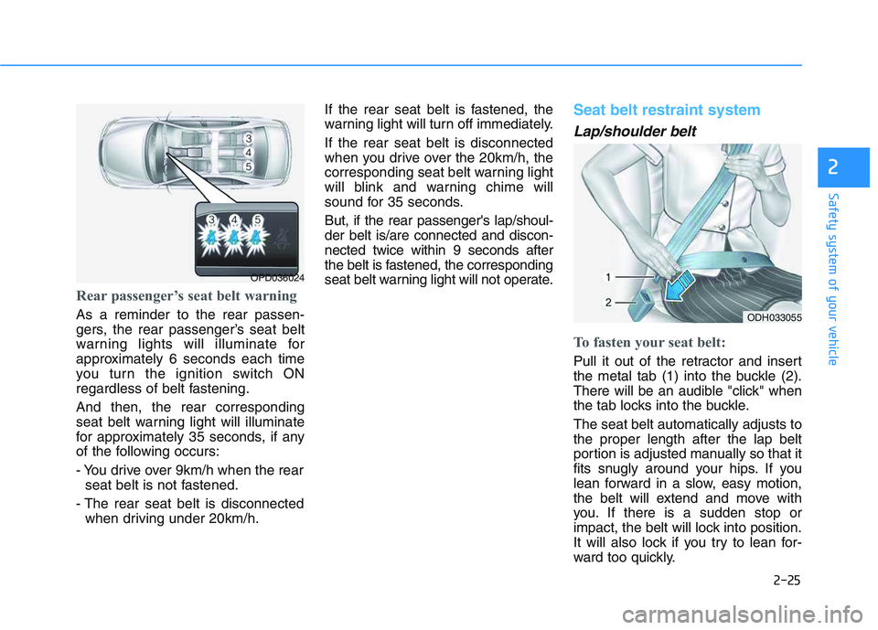 HYUNDAI I30 2021  Owners Manual 2-25
Safety system of your vehicle
2
Rear passenger’s seat belt warning 
As a reminder to the rear passen-
gers, the rear passenger’s seat belt
warning lights will illuminate for
approximately 6 s