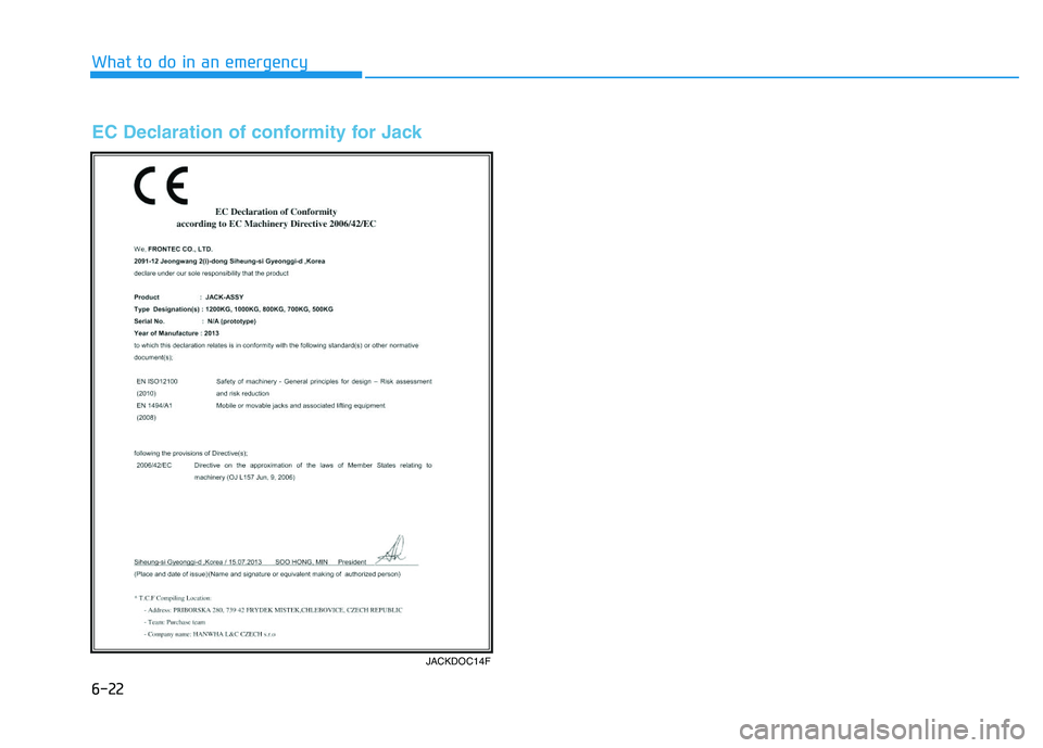 HYUNDAI I30 2021 Owners Manual 6-22
What to do in an emergency
JACKDOC14F
EC Declaration of conformity for Jack HYUNDAI I30 2021 Owners Manual 6-22
What to do in an emergency
JACKDOC14F
EC Declaration of conformity for Jack