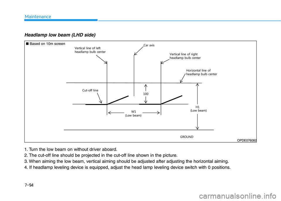 HYUNDAI I30 2021 Owners Manual 7-94
Maintenance
Headlamp low beam (LHD side)
1. Turn the low beam on without driver aboard.
2. The cut-off line should be projected in the cut-off line shown in the picture.
3. When aiming the low b HYUNDAI I30 2021 Owners Manual 7-94
Maintenance
Headlamp low beam (LHD side)
1. Turn the low beam on without driver aboard.
2. The cut-off line should be projected in the cut-off line shown in the picture.
3. When aiming the low b