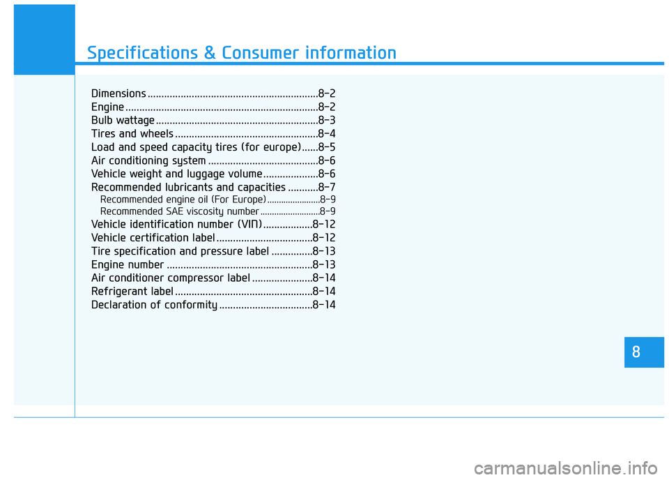 HYUNDAI I30 2021 Owners Manual 8
Specifications & Consumer information
8
Specifications & Consumer information
8
Dimensions ..............................................................8-2
Engine .................................. HYUNDAI I30 2021 Owners Manual 8
Specifications & Consumer information
8
Specifications & Consumer information
8
Dimensions ..............................................................8-2
Engine ..................................