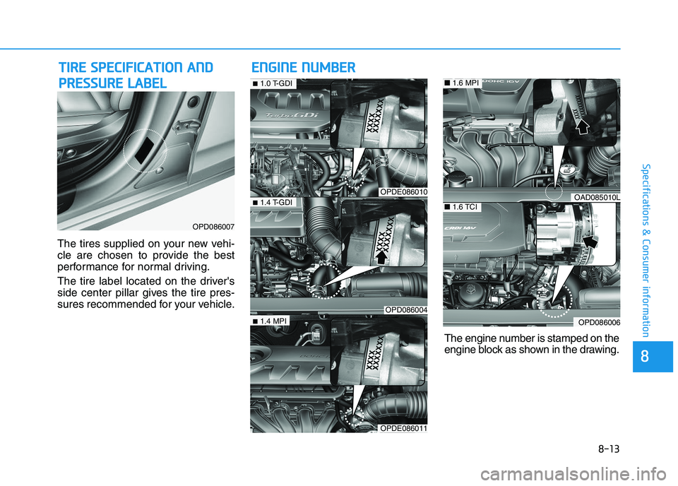 HYUNDAI I30 2021 Owners Manual 8-13
8
Specifications & Consumer information
The tires supplied on your new vehi-
cle are chosen to provide the best
performance for normal driving.
The tire label located on the drivers
side center HYUNDAI I30 2021 Owners Manual 8-13
8
Specifications & Consumer information
The tires supplied on your new vehi-
cle are chosen to provide the best
performance for normal driving.
The tire label located on the drivers
side center