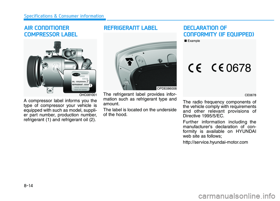 HYUNDAI I30 2021 Owners Manual 8-14
Specifications & Consumer information
A compressor label informs you the
type of compressor your vehicle is
equipped with such as model, suppli-
er part number, production number,
refrigerant (1) HYUNDAI I30 2021 Owners Manual 8-14
Specifications & Consumer information
A compressor label informs you the
type of compressor your vehicle is
equipped with such as model, suppli-
er part number, production number,
refrigerant (1)
