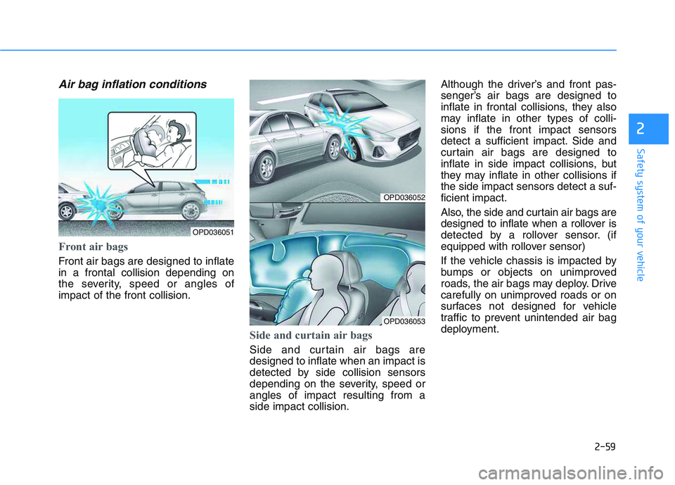 HYUNDAI I30 2021 Manual PDF 2-59
Safety system of your vehicle
2
Air bag inflation conditions 
Front air bags 
Front air bags are designed to inflate
in a frontal collision depending on
the severity, speed or angles of
impact of