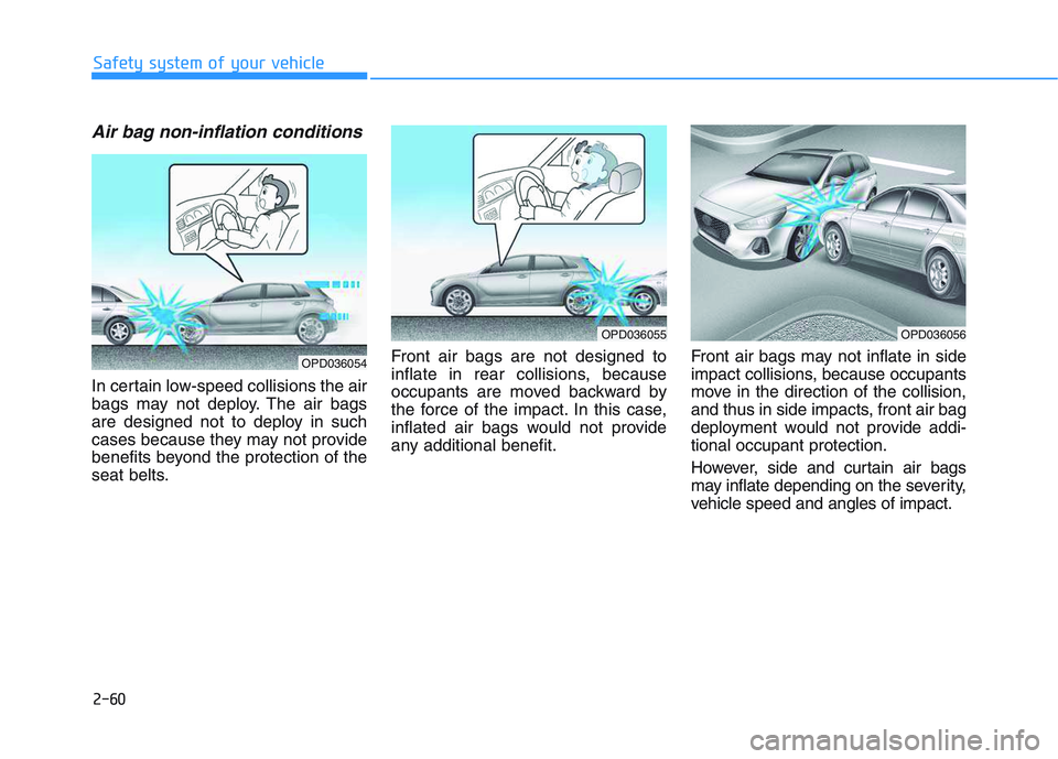 HYUNDAI I30 2021 Manual PDF 2-60
Safety system of your vehicle
Air bag non-inflation conditions 
In certain low-speed collisions the air
bags may not deploy. The air bags
are designed not to deploy in such
cases because they may