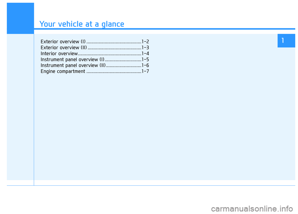 HYUNDAI I30 2020 User Guide Your vehicle at a glance
1
Your vehicle at a glance
1Exterior overview (I) .............................................1-2
Exterior overview (II) ............................................1-3
Inter HYUNDAI I30 2020 User Guide Your vehicle at a glance
1
Your vehicle at a glance
1Exterior overview (I) .............................................1-2
Exterior overview (II) ............................................1-3
Inter