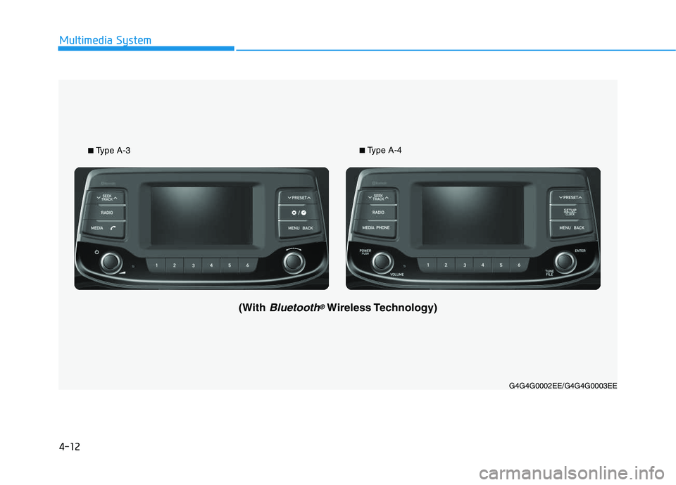 HYUNDAI I30 2020 Owners Manual 4-12
Multimedia System
G4G4G0002EE/G4G4G0003EE
(With Bluetooth®Wireless Technology)
■Type A-3■Type A-4 HYUNDAI I30 2020 Owners Manual 4-12
Multimedia System
G4G4G0002EE/G4G4G0003EE
(With Bluetooth®Wireless Technology)
■Type A-3■Type A-4