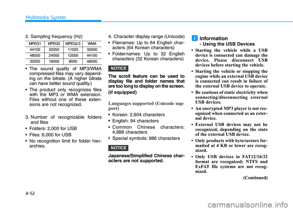 HYUNDAI I30 2020  Owners Manual 4-52
Multimedia System
2. Sampling frequency (Hz)
 The sound quality of MP3/WMA compressed files may vary depend-
ing on the bitrate. (A higher bitrate
can have better sound quality.)
 The product onl