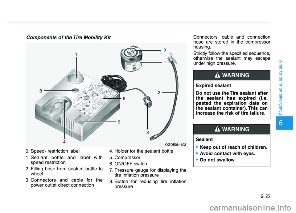HYUNDAI I30 2020 Owners Manual 6-25
What to do in an emergency
6
0. Speed- restriction label
1. Sealant bottle and label withspeed restriction
2. Filling hose from sealant bottle to wheel
3. Connectors and cable for the power outle HYUNDAI I30 2020 Owners Manual 6-25
What to do in an emergency
6
0. Speed- restriction label
1. Sealant bottle and label withspeed restriction
2. Filling hose from sealant bottle to wheel
3. Connectors and cable for the power outle