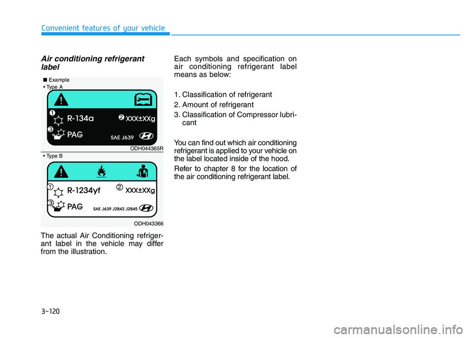 HYUNDAI I30 2019  Owners Manual 3-120
Convenient features of your vehicle
Air conditioning refrigerantlabel
The actual Air Conditioning refriger-
ant label in the vehicle may differ
from the illustration. Each symbols and specificat