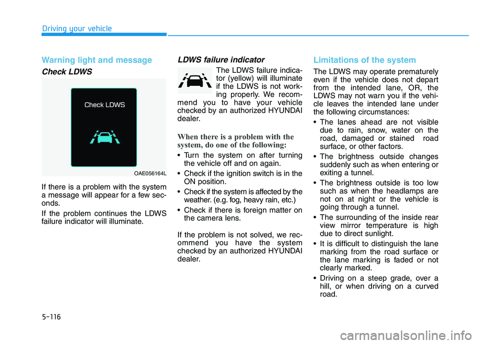 HYUNDAI I30 2019  Owners Manual 5-116
Driving your vehicle
Warning light and message
Check LDWS
If there is a problem with the system
a message will appear for a few sec-
onds.
If the problem continues the LDWS
failure indicator wil