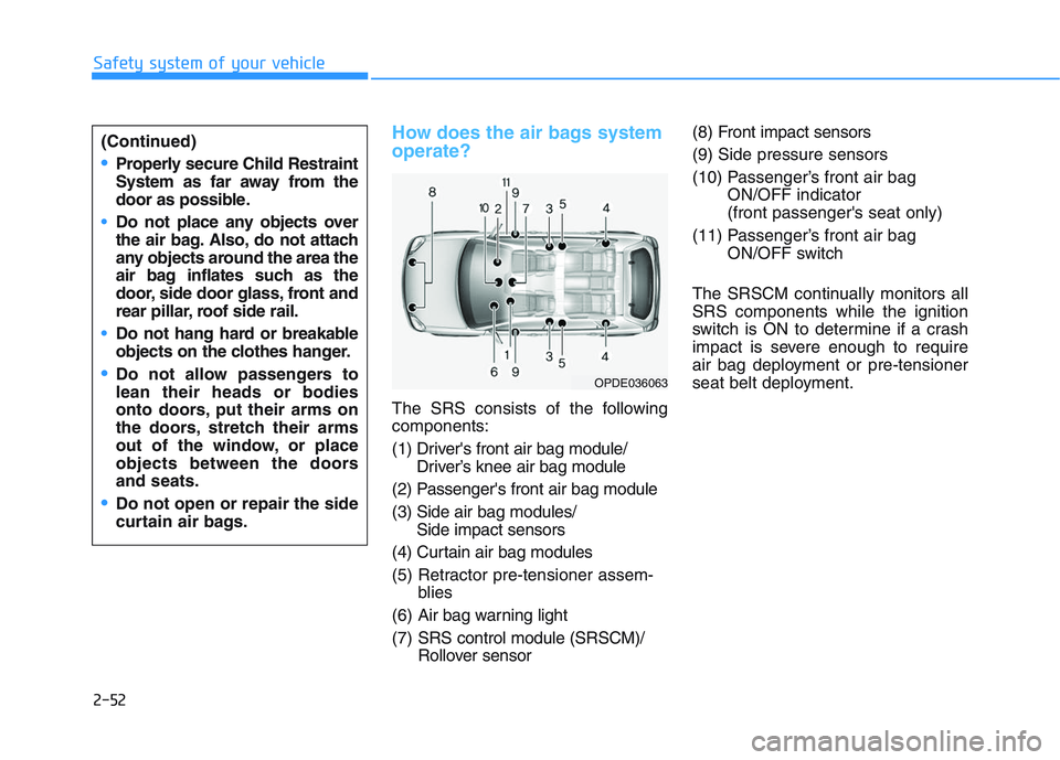 HYUNDAI I30 2018 Owners Manual 2-52
Safety system of your vehicle
How does the air bags system
operate? 
The SRS consists of the following
components:
(1) Drivers front air bag module/Driver’s knee air bag module
(2) Passengers