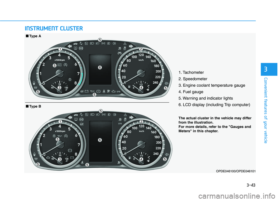 HYUNDAI I30 2016  Owners Manual 3-43
Convenient features of your vehicle
31. Tachometer 
2. Speedometer
3. Engine coolant temperature gauge
4. Fuel gauge
5. Warning and indicator lights
6. LCD display (including Trip computer)
OPDE0