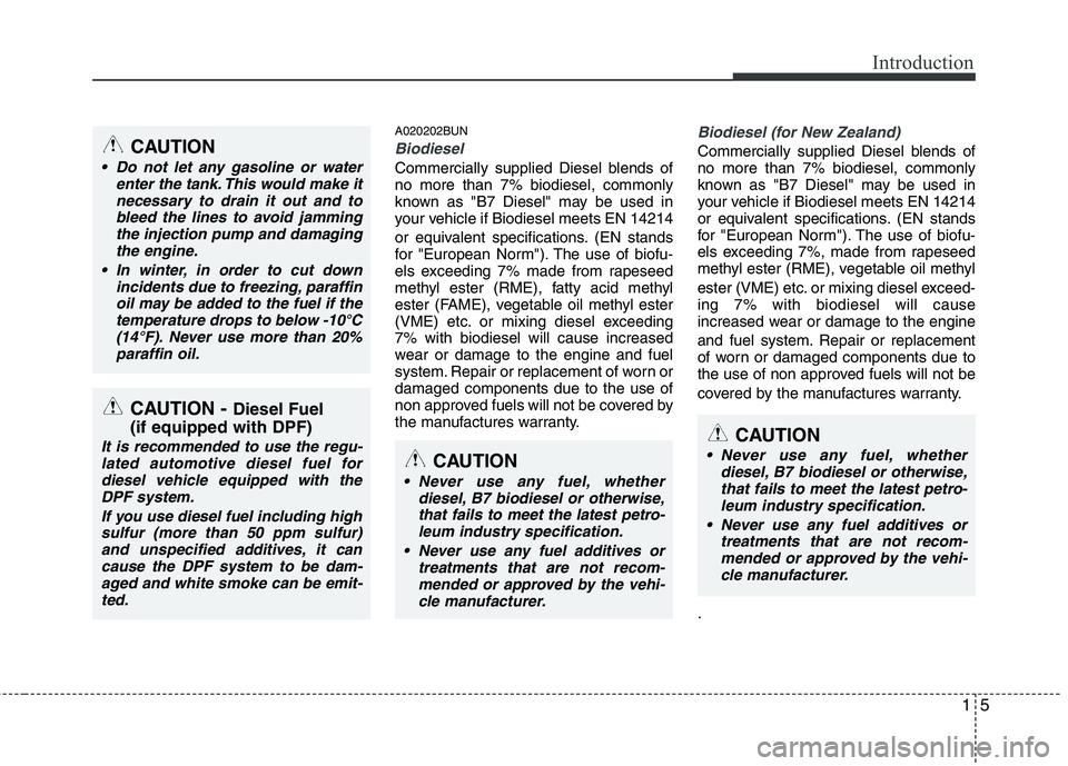 HYUNDAI I30 2015  Owners Manual 15
Introduction
A020202BUN
Biodiesel 
Commercially supplied Diesel blends of no more than 7% biodiesel, commonly
known as "B7 Diesel" may be used in
your vehicle if Biodiesel meets EN 14214 
or equiva