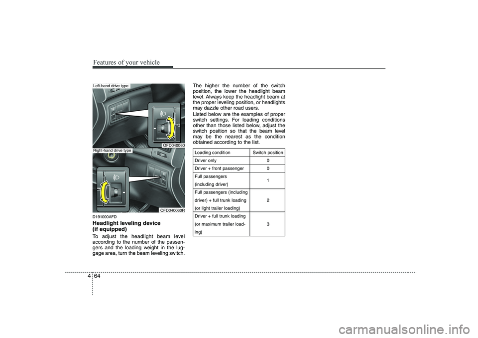 HYUNDAI I30 2015 Owners Manual Features of your vehicle
64
4
D191000AFD
Headlight leveling device (if equipped)
To adjust the headlight beam level
according to the number of the passen-
gers and the loading weight in the lug-
g HYUNDAI I30 2015 Owners Manual Features of your vehicle
64
4
D191000AFD
Headlight leveling device (if equipped)
To adjust the headlight beam level
according to the number of the passen-
gers and the loading weight in the lug-
g