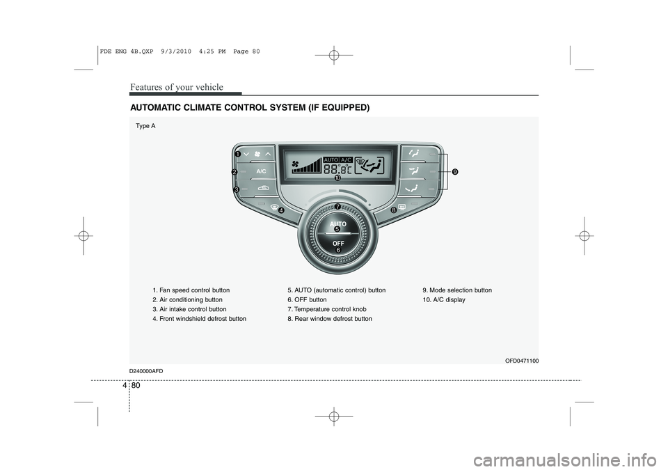 HYUNDAI I30 2015 Owners Manual Features of your vehicle
80
4
AUTOMATIC CLIMATE CONTROL SYSTEM (IF EQUIPPED)
1. Fan speed control button
2. Air conditioning button
3. Air intake control button
4. Front windshield defrost button 5. HYUNDAI I30 2015 Owners Manual Features of your vehicle
80
4
AUTOMATIC CLIMATE CONTROL SYSTEM (IF EQUIPPED)
1. Fan speed control button
2. Air conditioning button
3. Air intake control button
4. Front windshield defrost button 5.
