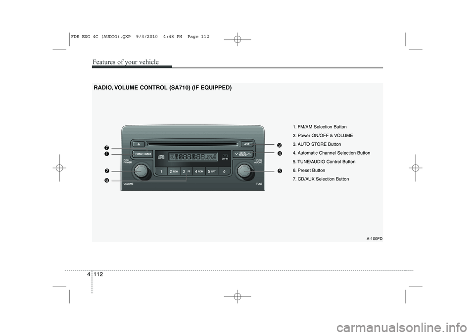 HYUNDAI I30 2015 Owners Manual Features of your vehicle
112
4
A-100FD
1. FM/AM Selection Button
2. Power ON/OFF & VOLUME
3. AUTO STORE Button
4. Automatic Channel Selection Button
5. TUNE/AUDIO Control Button
6. Preset Button
7. C HYUNDAI I30 2015 Owners Manual Features of your vehicle
112
4
A-100FD
1. FM/AM Selection Button
2. Power ON/OFF & VOLUME
3. AUTO STORE Button
4. Automatic Channel Selection Button
5. TUNE/AUDIO Control Button
6. Preset Button
7. C